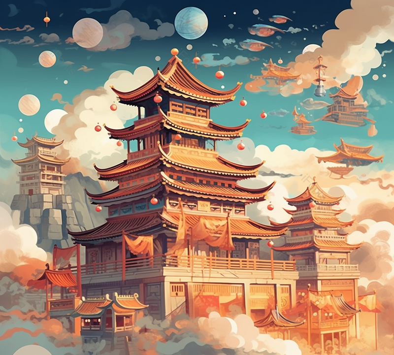 科幻幻想国风古代繁华建筑傍晚祥云壮观新中式插画,插画/手绘图,插画/手绘图库,插画/手绘图下载,插画/手绘